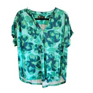 Renuar Short Sleeve Blue/teal-tropical theme casual women's shirt Sz Large